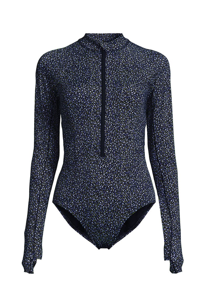 Chlorine Resistant Zip Front Long Sleeve Tugless Sporty One Piece Swimsuit, Alternate, color, Navy/Blue Ditsy Floral