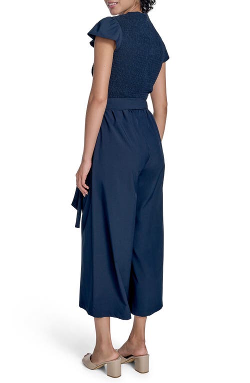 Calvin Klein Smocked Wide Leg Jumpsuit In Blue