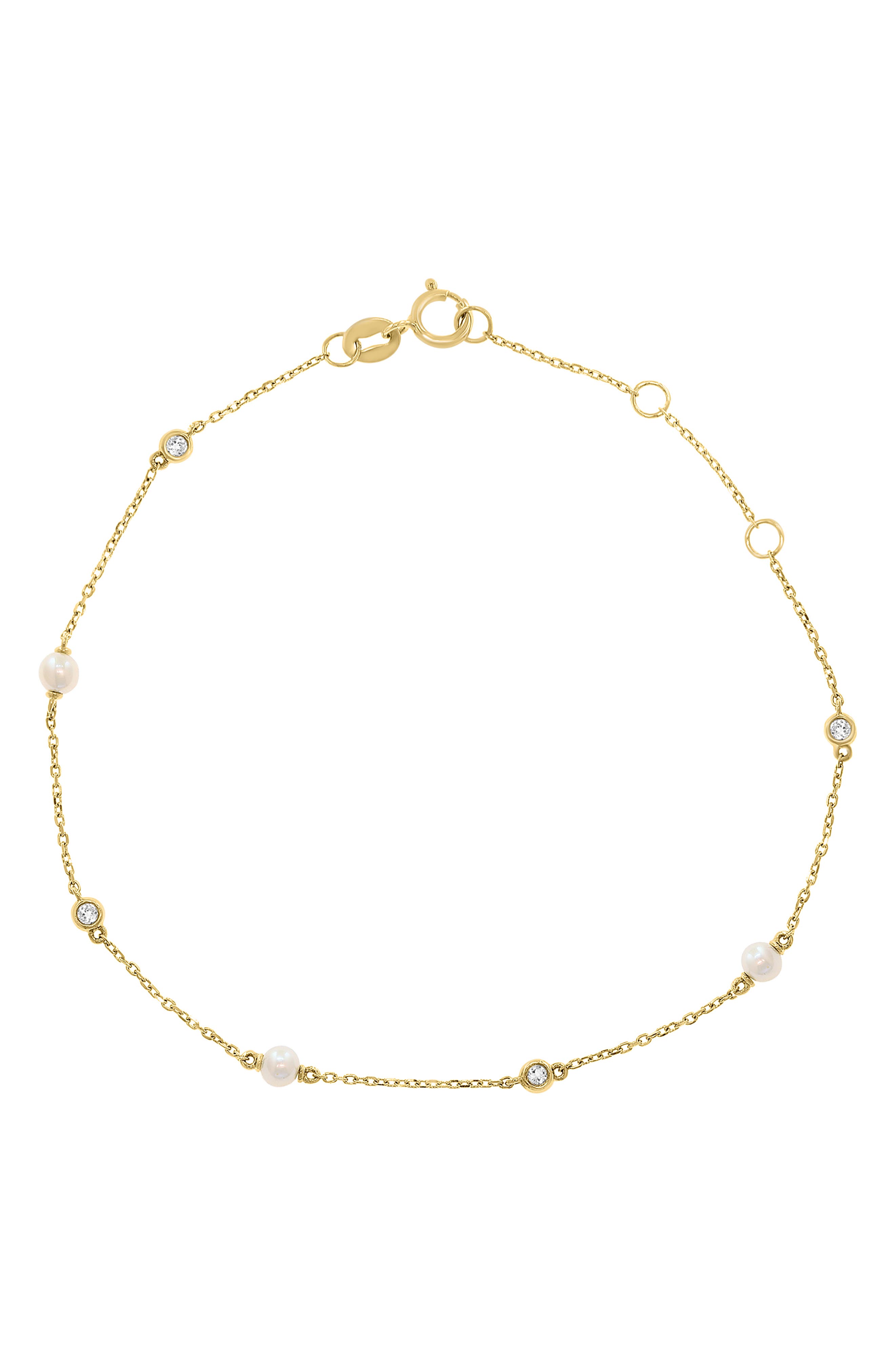 14K Yellow Gold White Topaz & Freshwater Pearl Station Bracelet