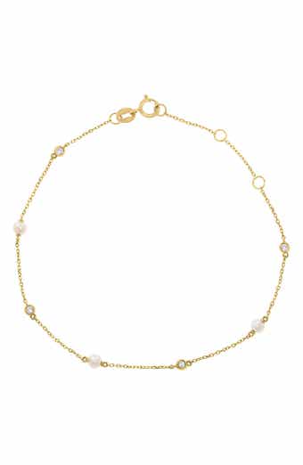 14K Yellow Gold White Topaz & Freshwater Pearl Station Bracelet