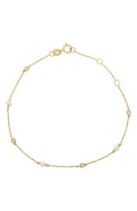14K Yellow Gold White Topaz & Freshwater Pearl Station Bracelet