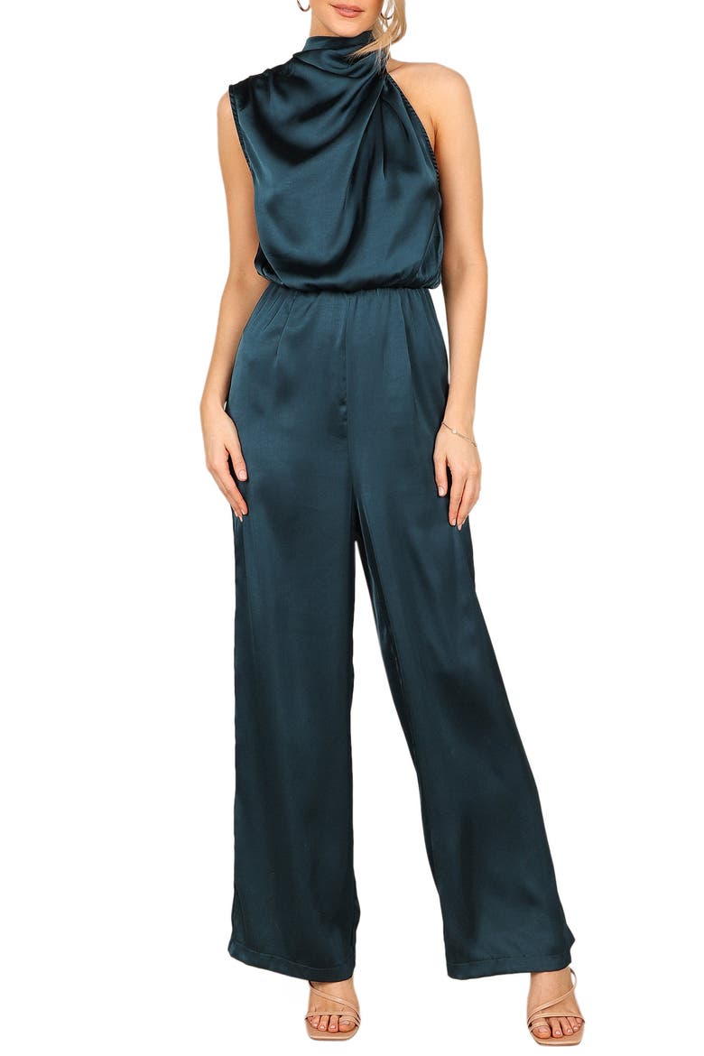 Savannah One-Shoulder Satin Jumpsuit, Main, color, TEAL