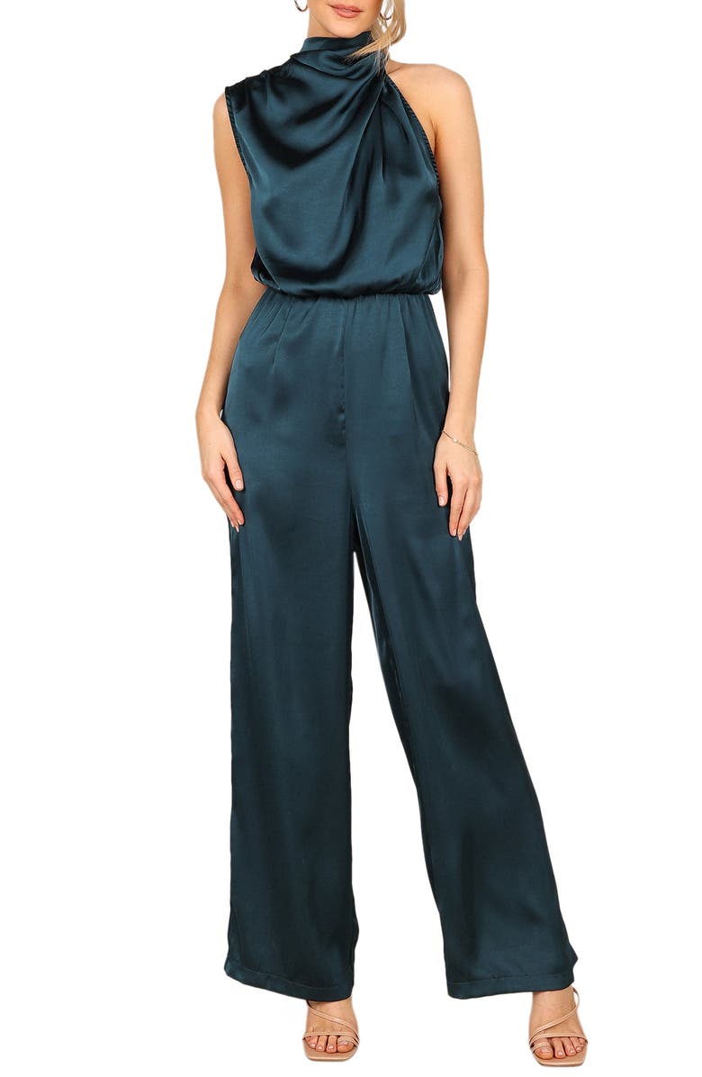 Petal & Pup Savannah One-Shoulder Satin Jumpsuit, Main, color, Teal