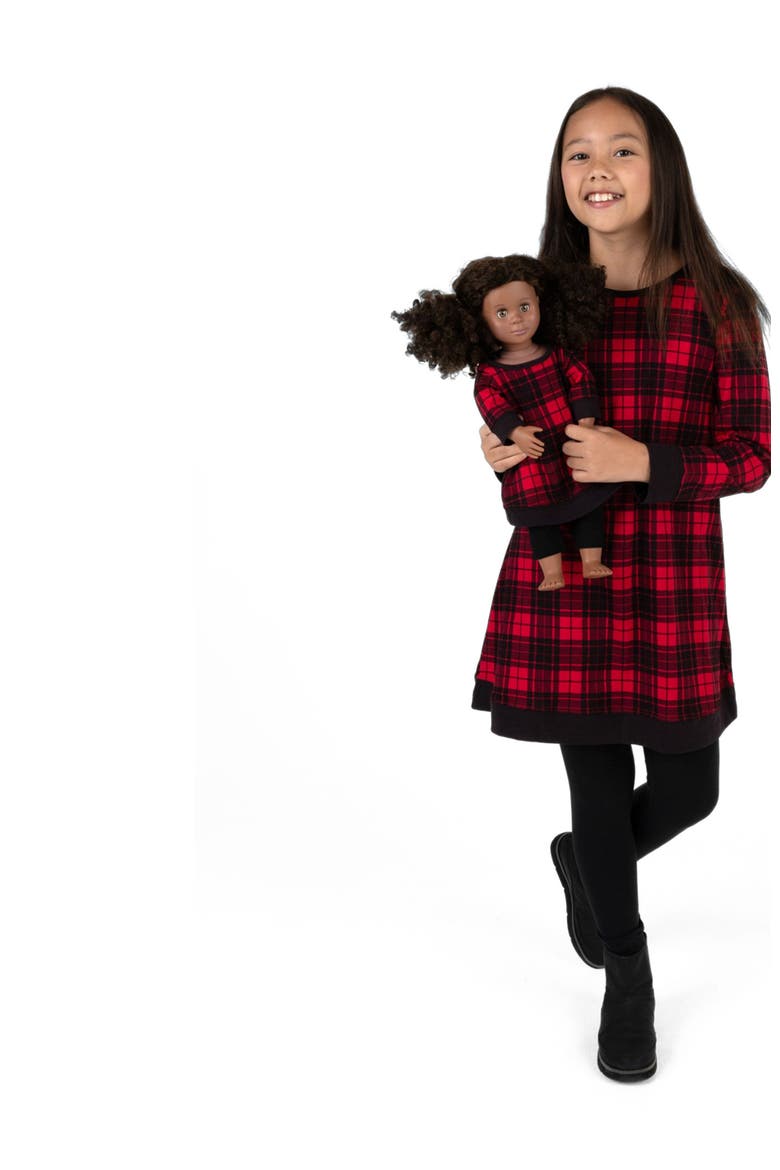 Girls Cotton Dress with Matching Doll Dress, Printed Design, Alternate, color, Plaid Black & Red