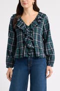 Caslon® Plaid Ruffled Front Popover Top