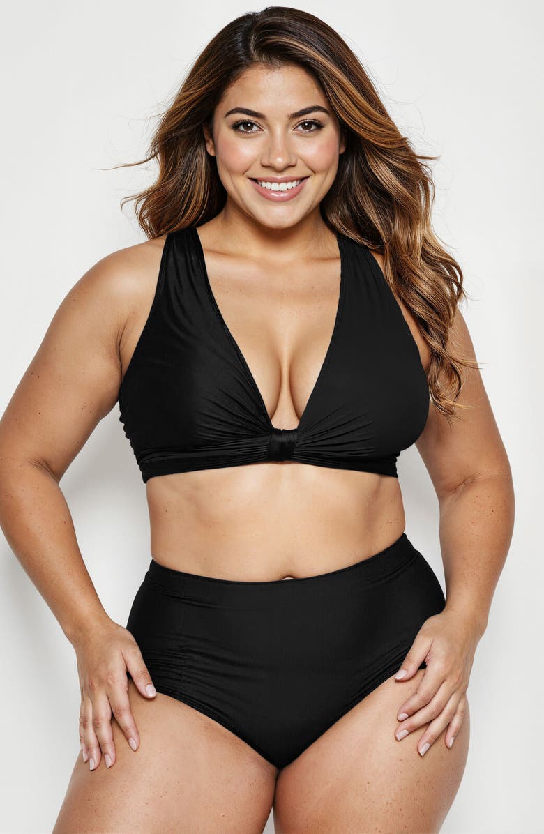 Calypsa Plus Size Emery 2-Piece Wrap Style Swim Set With Reversible Top and High-Waisted Bottom, Alternate, color, Black