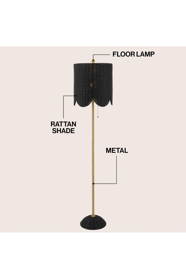 Joel Scallop Shade Rattan/Metal LED Floor Lamp with Pull Chain, Alternate, color, Black/Brass Gold