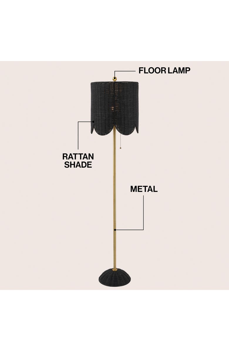 JONATHAN Y Joel Scallop Shade Rattan/Metal LED Floor Lamp with Pull Chain, Alternate, color, Black/Brass Gold