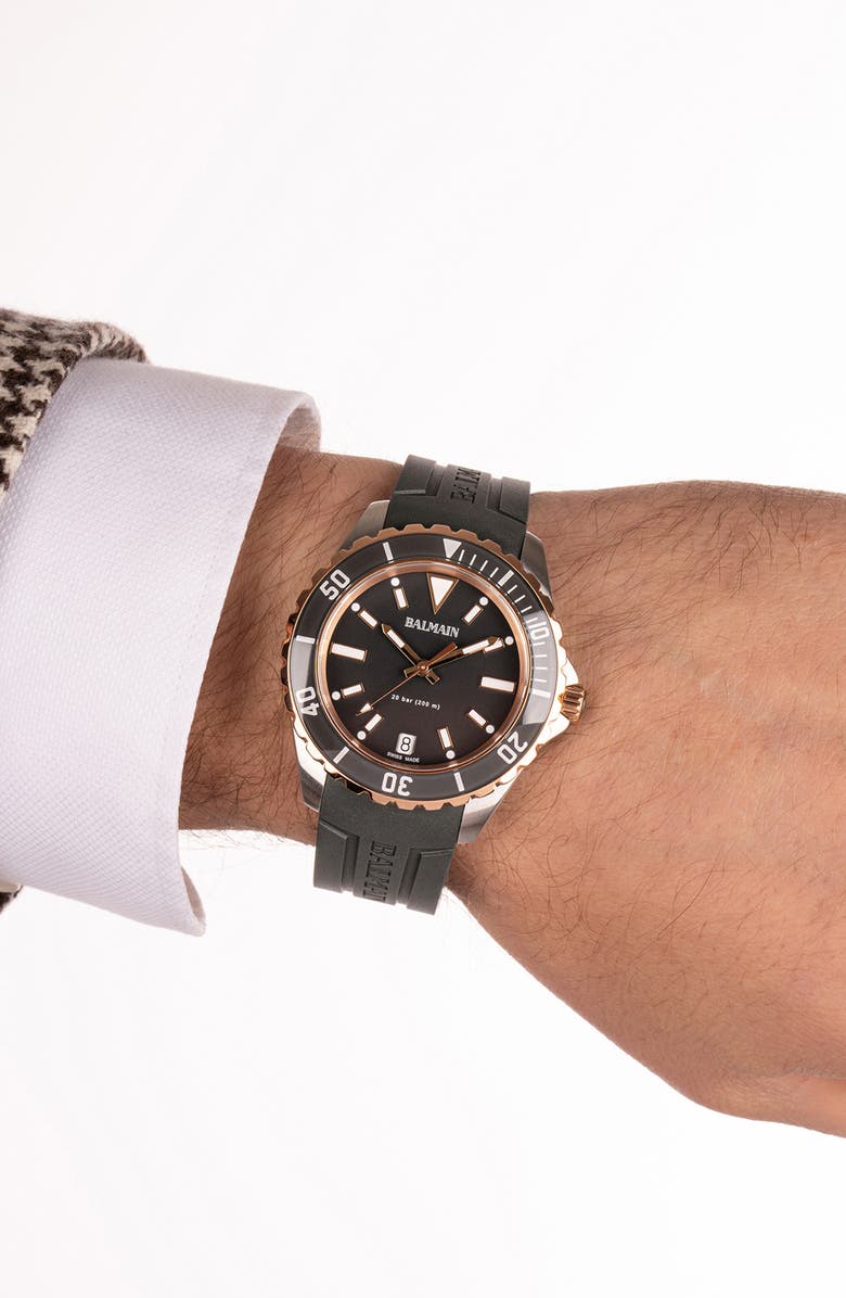 Balmain Ophrys Rubber Strap Watch, 42.5mm, Alternate, color, Black/ Two Tone