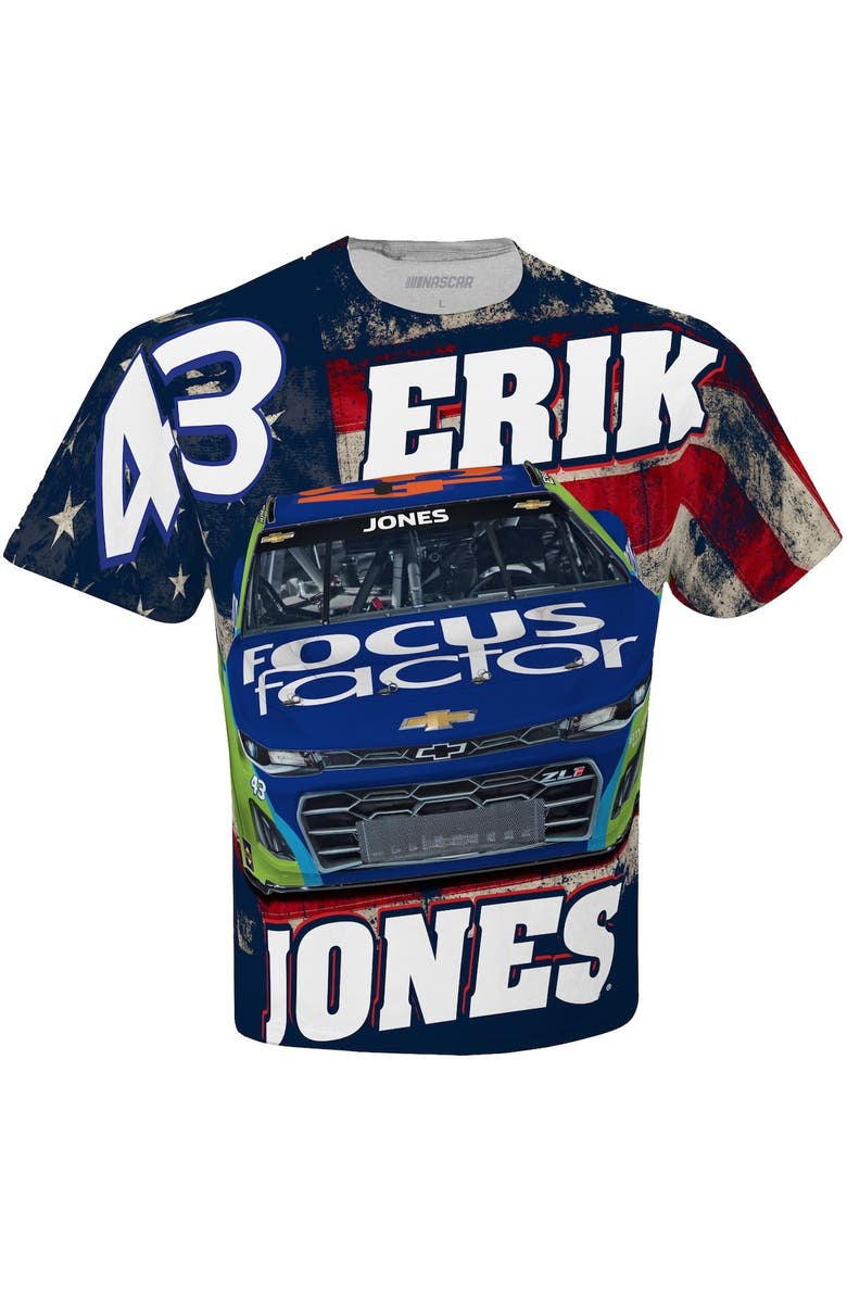 CHECKERED FLAG Men's Checkered Flag White Erik Jones FOCUS factor Sublimated Patriotic Total Print T-Shirt, Alternate, color, White