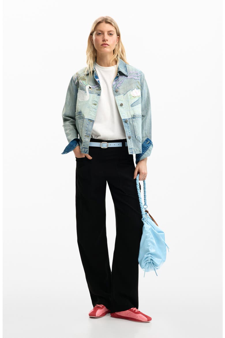 Swan Appliqué Denim Trucker Jacket, Alternate, color, MEDIUM BLUE