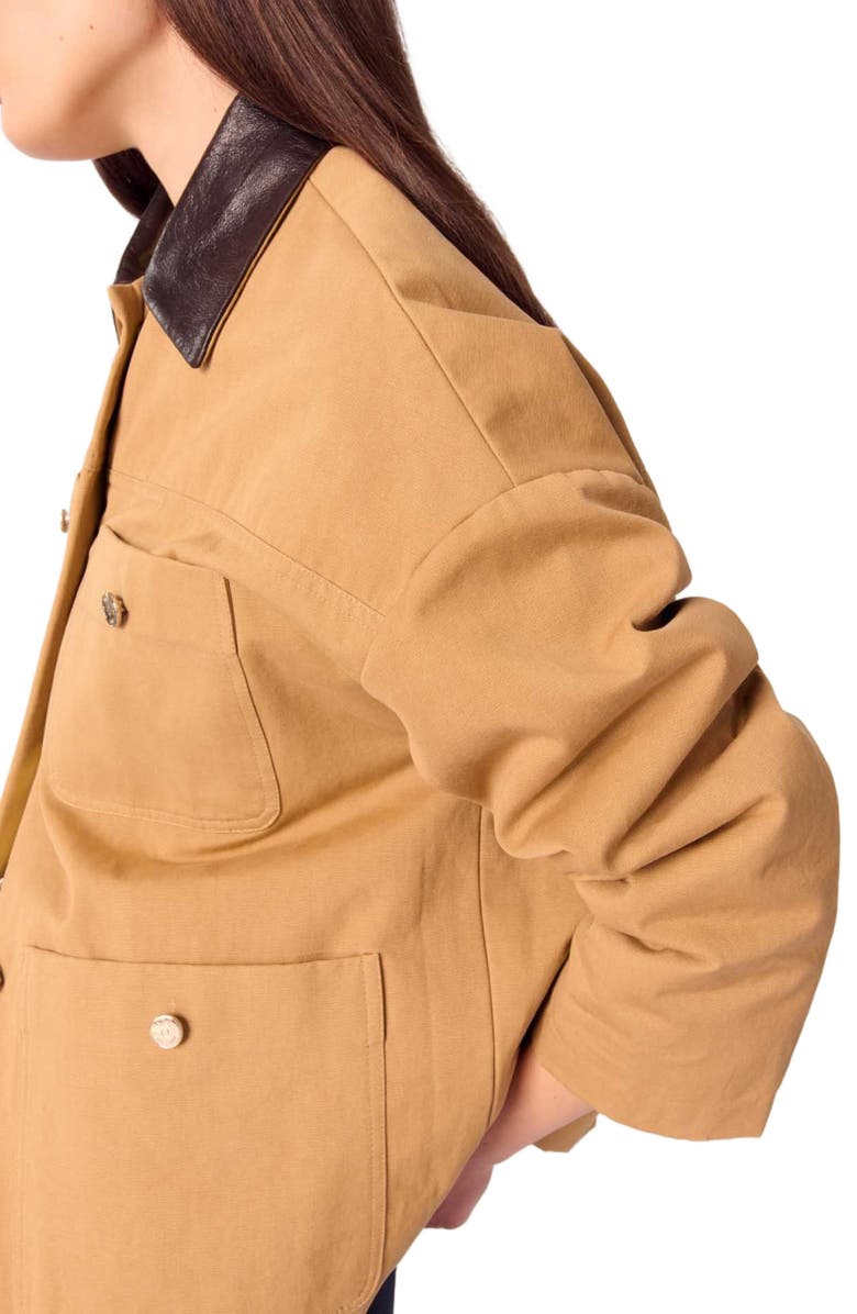 maje Cotton coat with leather collar, Alternate, color,