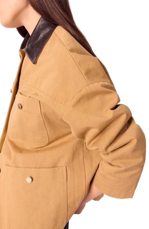 MAJE MAJE COTTON COAT WITH LEATHER COLLAR