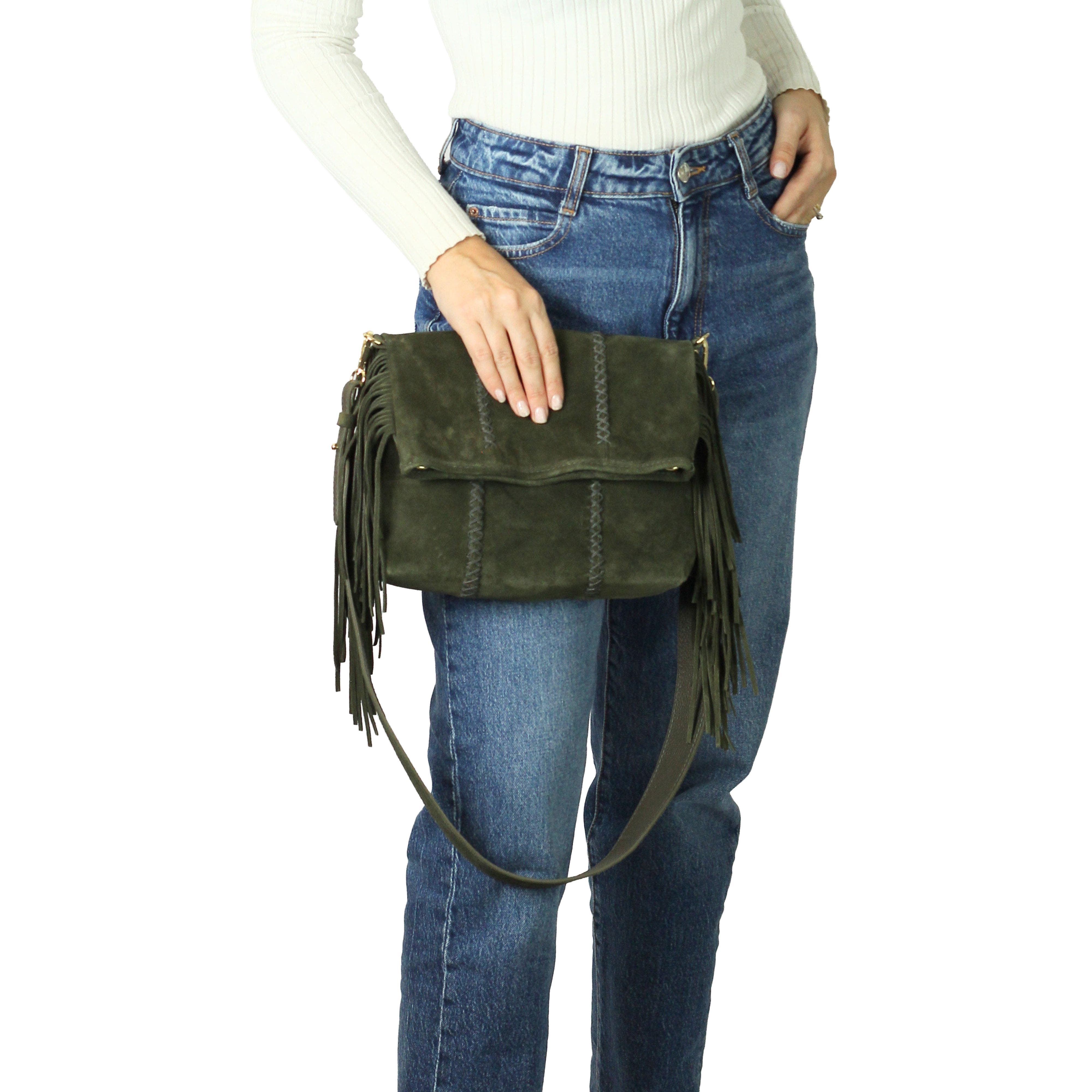 Medium Fringe Suede Crossbody Messenger, Alternate, color, Olive