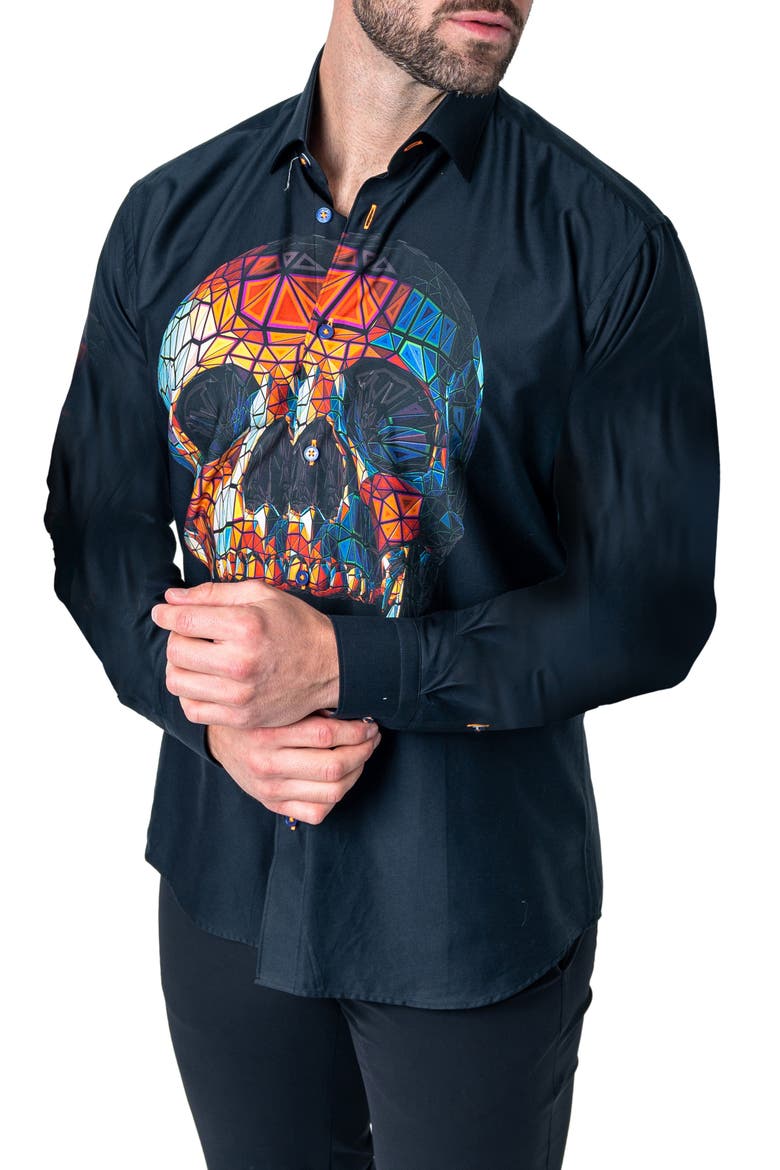 Fibonacci Skull Prizm Cotton Button-Up Shirt, Alternate, color, BLACK