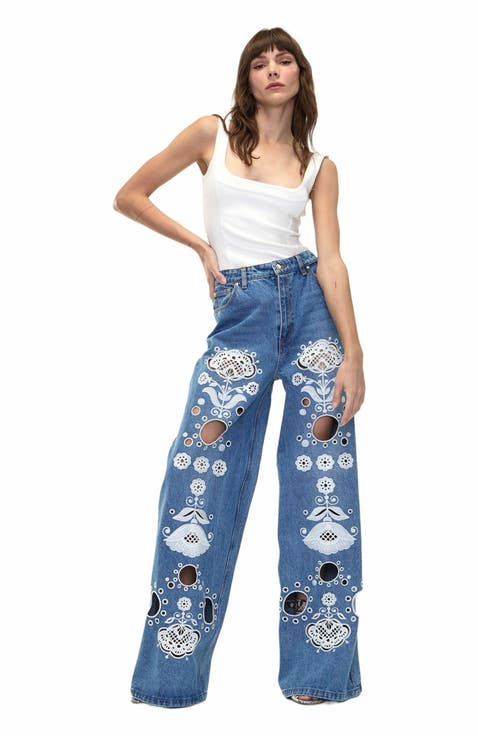 Embroidered Wide-leg Jean