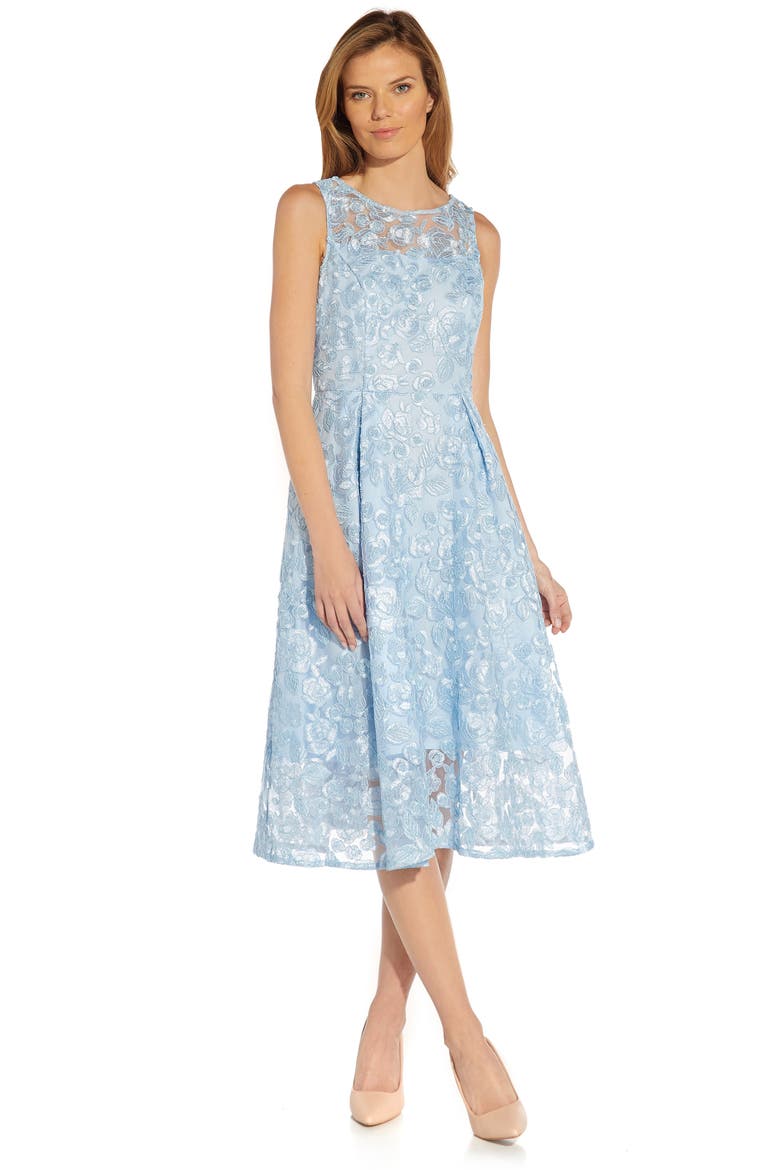 Floral Embroidered Fit & Flare Midi Dress, Alternate, color, CLEAR WATER