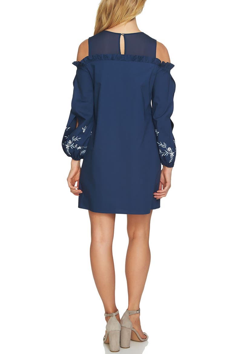 Cold Shoulder Embroidered Shift Dress, Alternate, color, INDIGO SKY