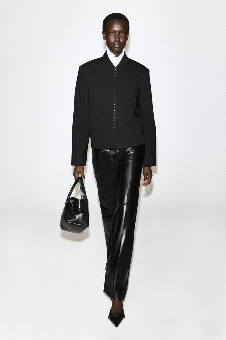 Stud-detail Cropped Linen Blazer, Alternate, color, BLACK