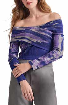 Misook Watercolor Crop Off the Shoulder Top