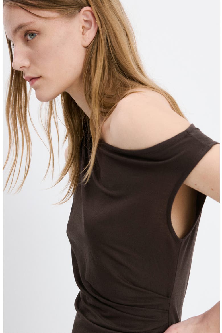 Pleated One-Shoulder Midi Dress, Alternate, color, BROWN