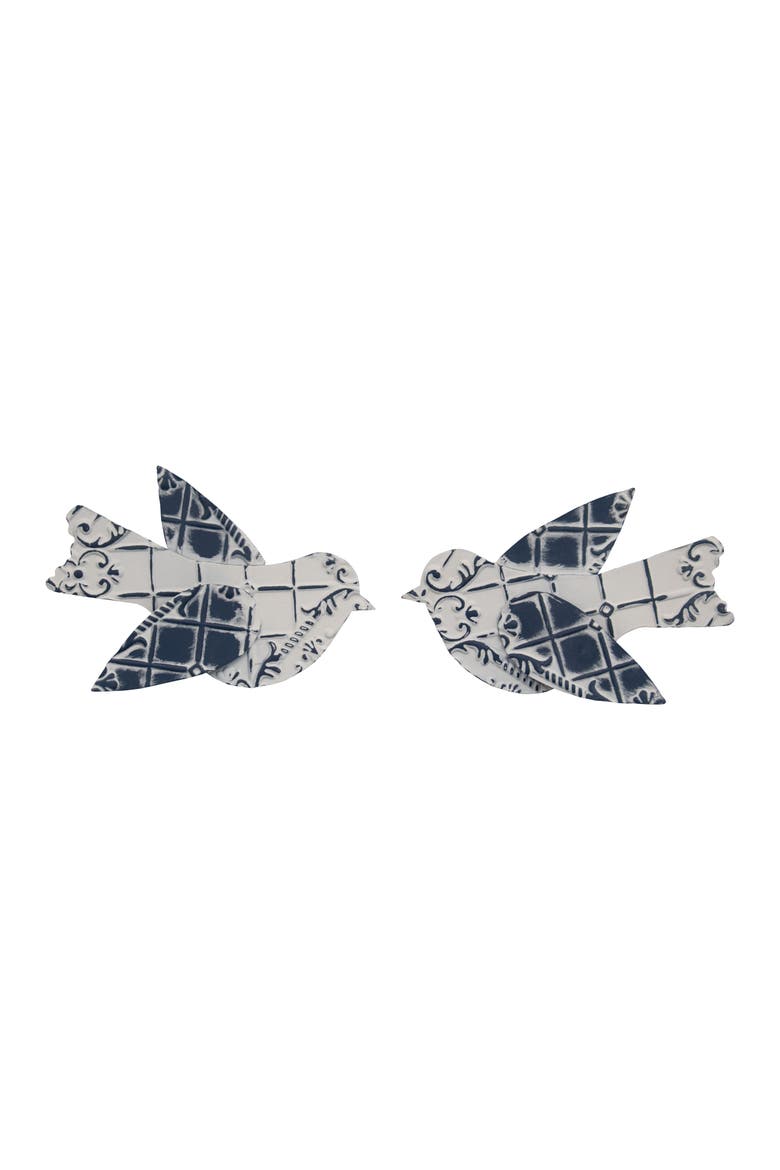 Set of 2 Brushed White Bird Cottage Tin Tile Metal Wall Décor, Main, color, Blue