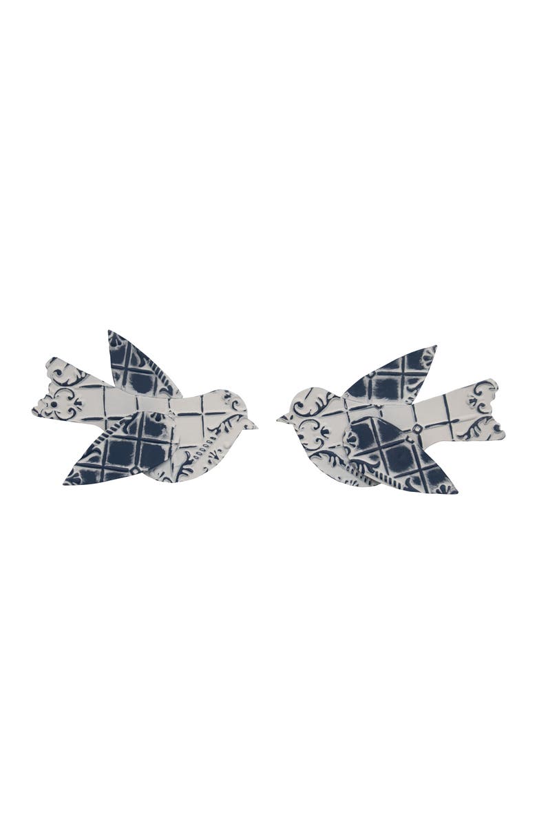 Foreside Home and Garden Set of 2 Brushed White Bird Cottage Tin Tile Metal Wall Décor, Main, color, Blue