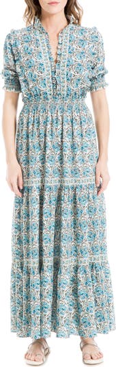 Max 2024 Studio Blue Ruffle Collar Print Tiered Prairie Maxi Dress