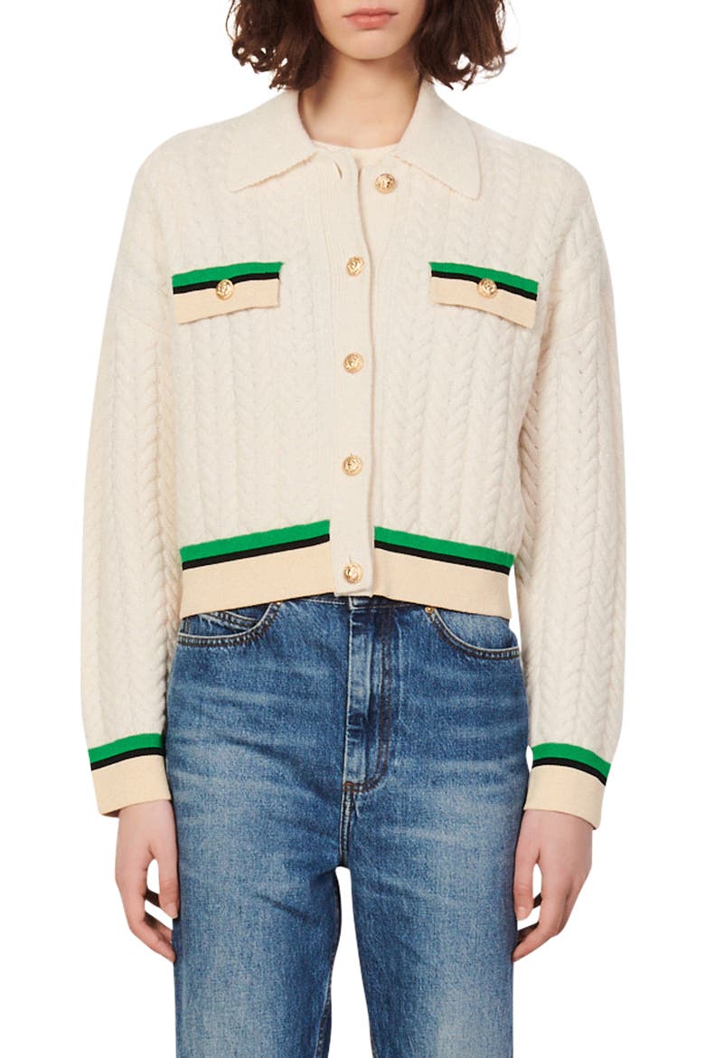 Idriss Colorblock Cable Knit Wool Cardigan, Main, color, ECRU