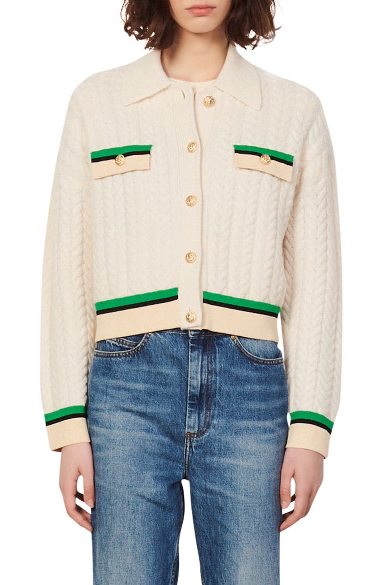 SANDRO Idriss Colorblock Cable Knit Wool Cardigan, Main, color, 