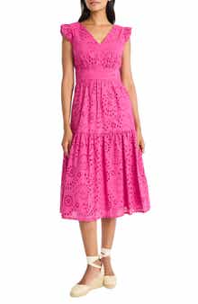 Maggy London Eyelet Ruffle Sleeve Tiered Dress