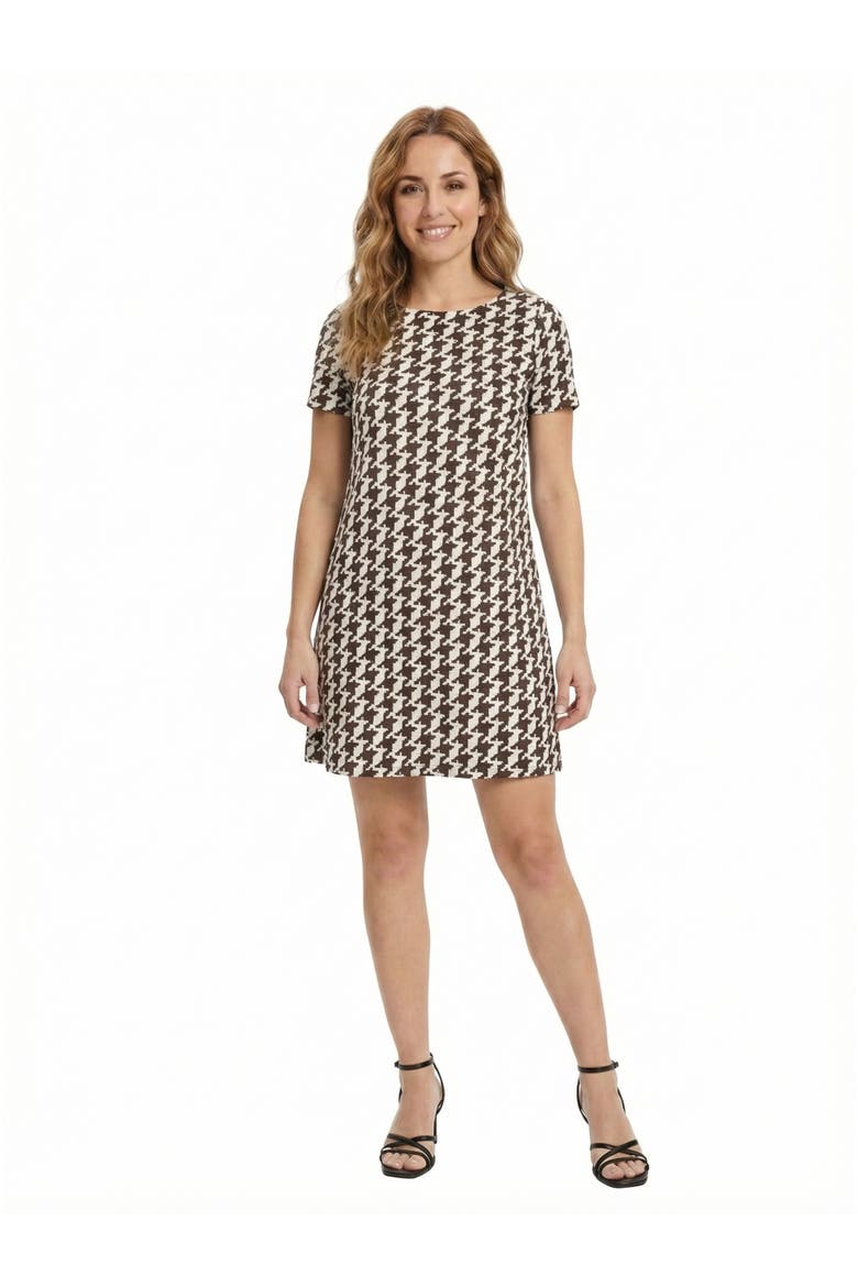 Essential Petite Geometric Short Sleeve Round Neck Mini Shift Dress, Main, color, Brown Multi