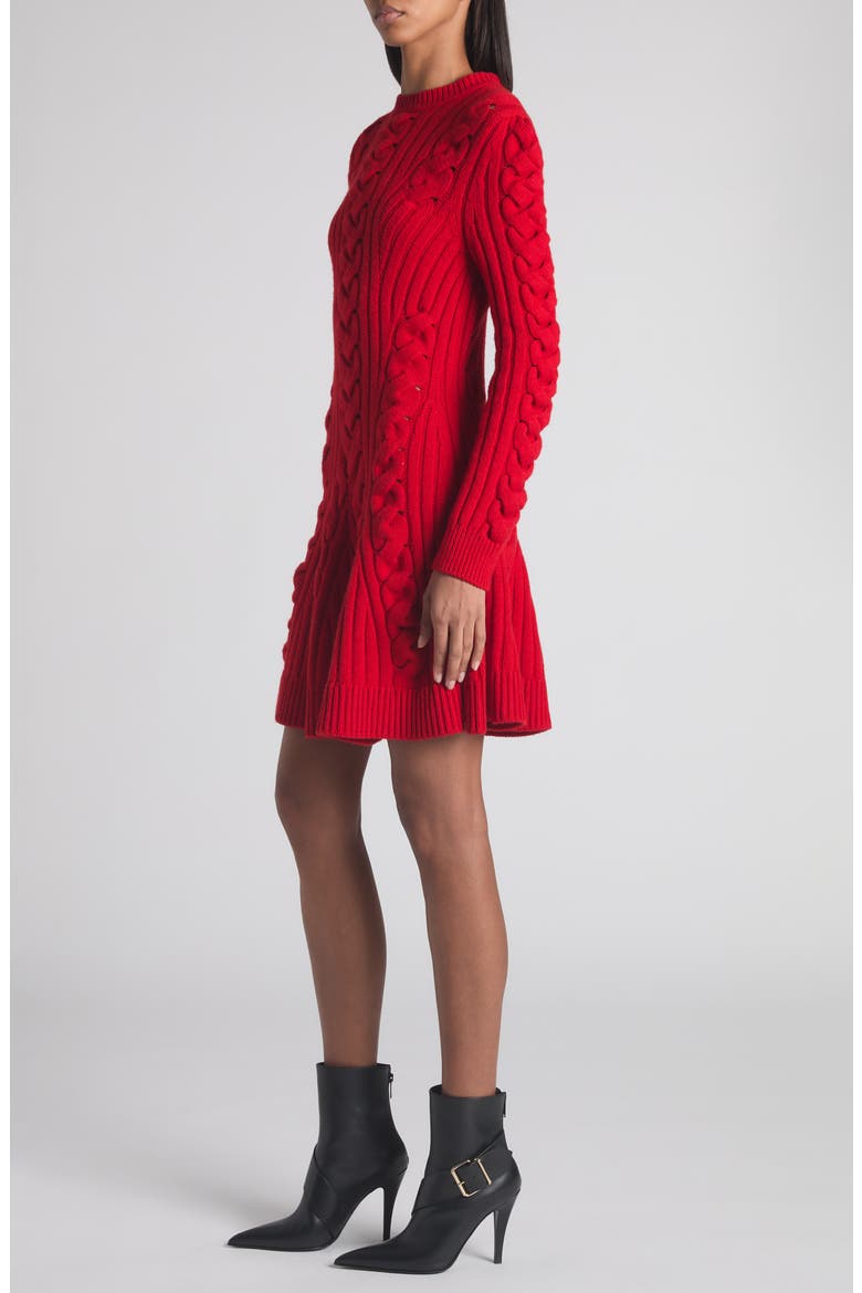 Long Sleeve Cable Knit Wool & Cashmere Mini Sweater Dress, Alternate, color, POPPY RED
