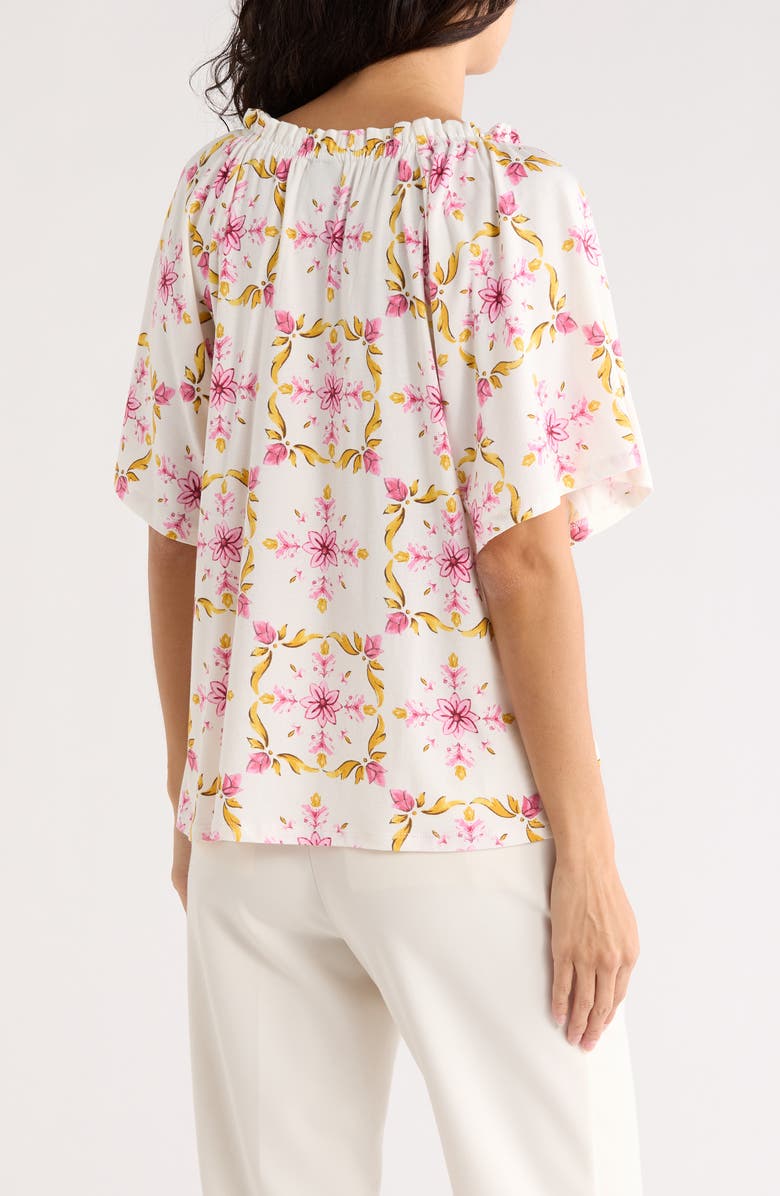 Bobeau Ruffle Split Neck T-Shirt, Alternate, color, Yellow/ Pink Tile-