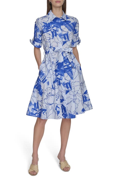 Floral Tie Sleeve Cotton Shirtdress