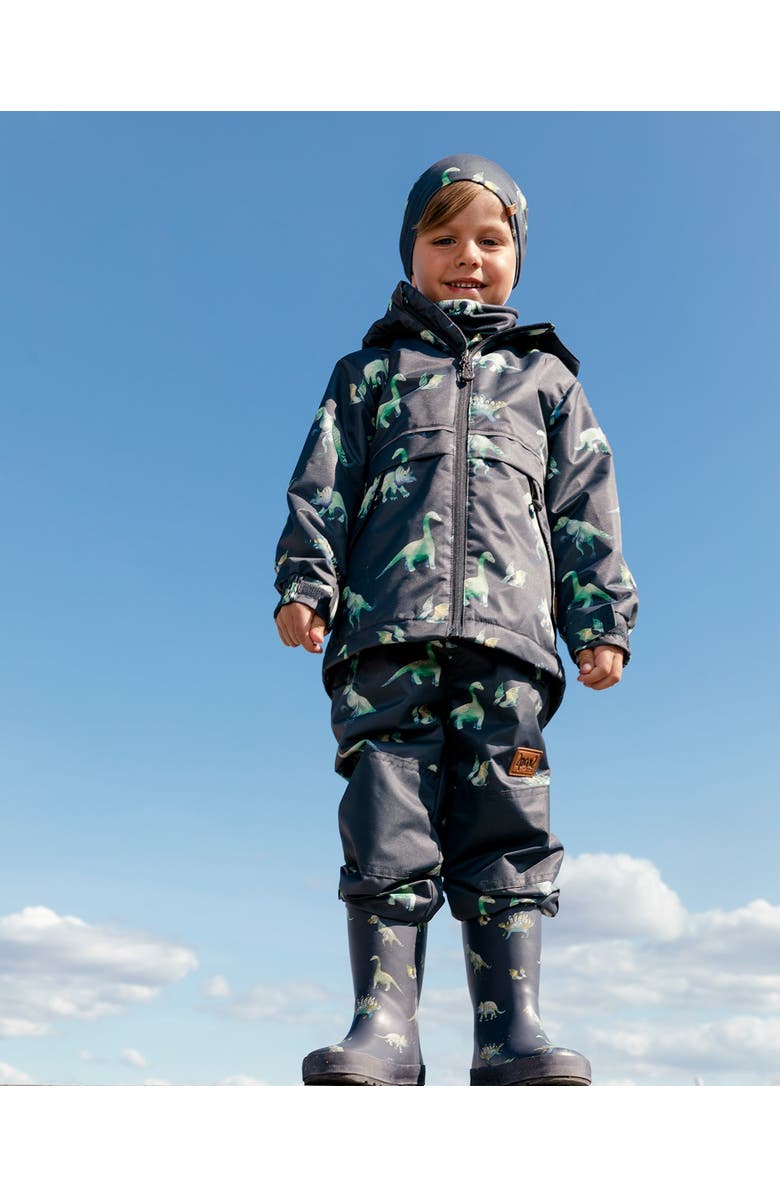 Deux par Deux Little Boy's Two Piece Hooded Coat And Pant Mid-Season Set Grey Printed Dinosaurs, Alternate, color, 