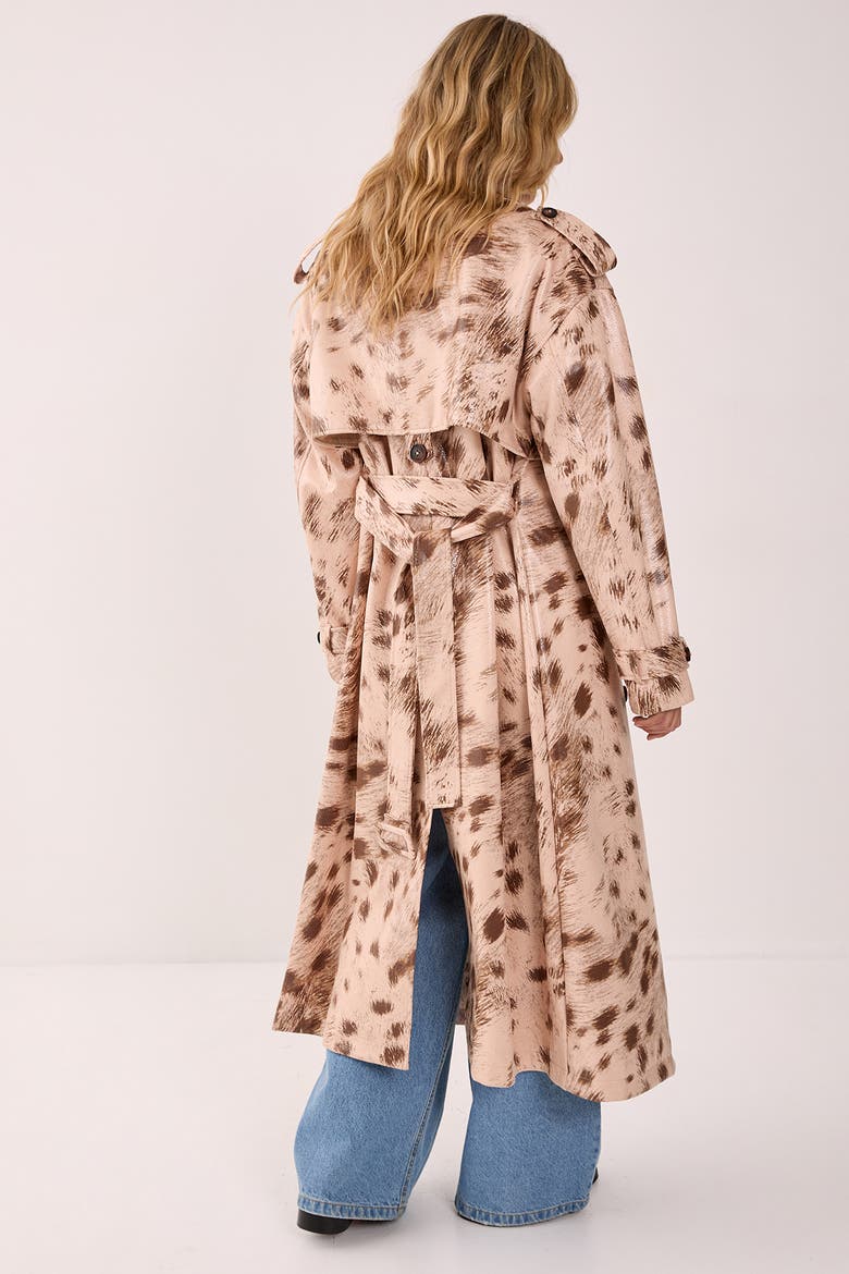 Cow Print Faux Leather Trench Coat, Alternate, color, Cream