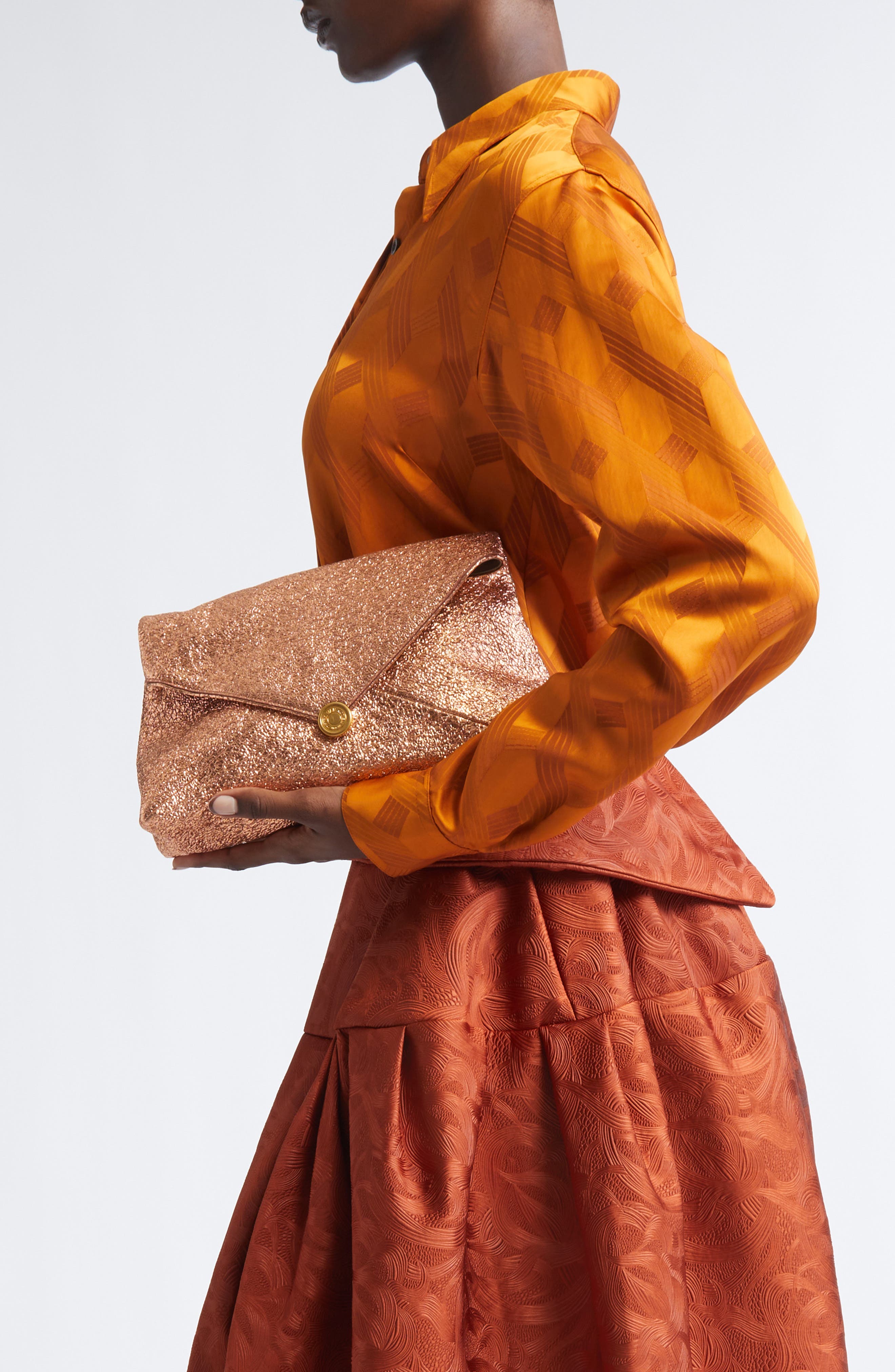 Dries Van Noten Metallic Leather Envelope Clutch, Alternate, color, Salmon 354