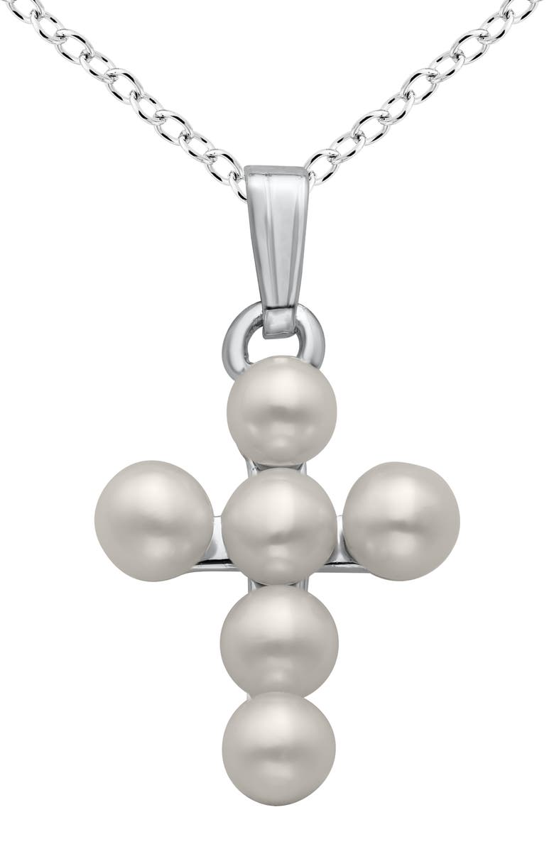 Mignonette Cultured Pearl Cross Pendant Necklace, Main, color, Silver