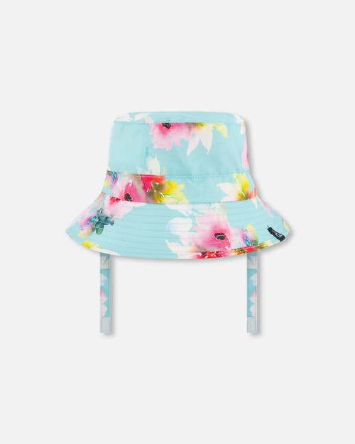 Deux Par Deux Baby Girl's Printed Beach Sun Hat Turquoise And Pink Flowers In Turquoise And Pink Flowers