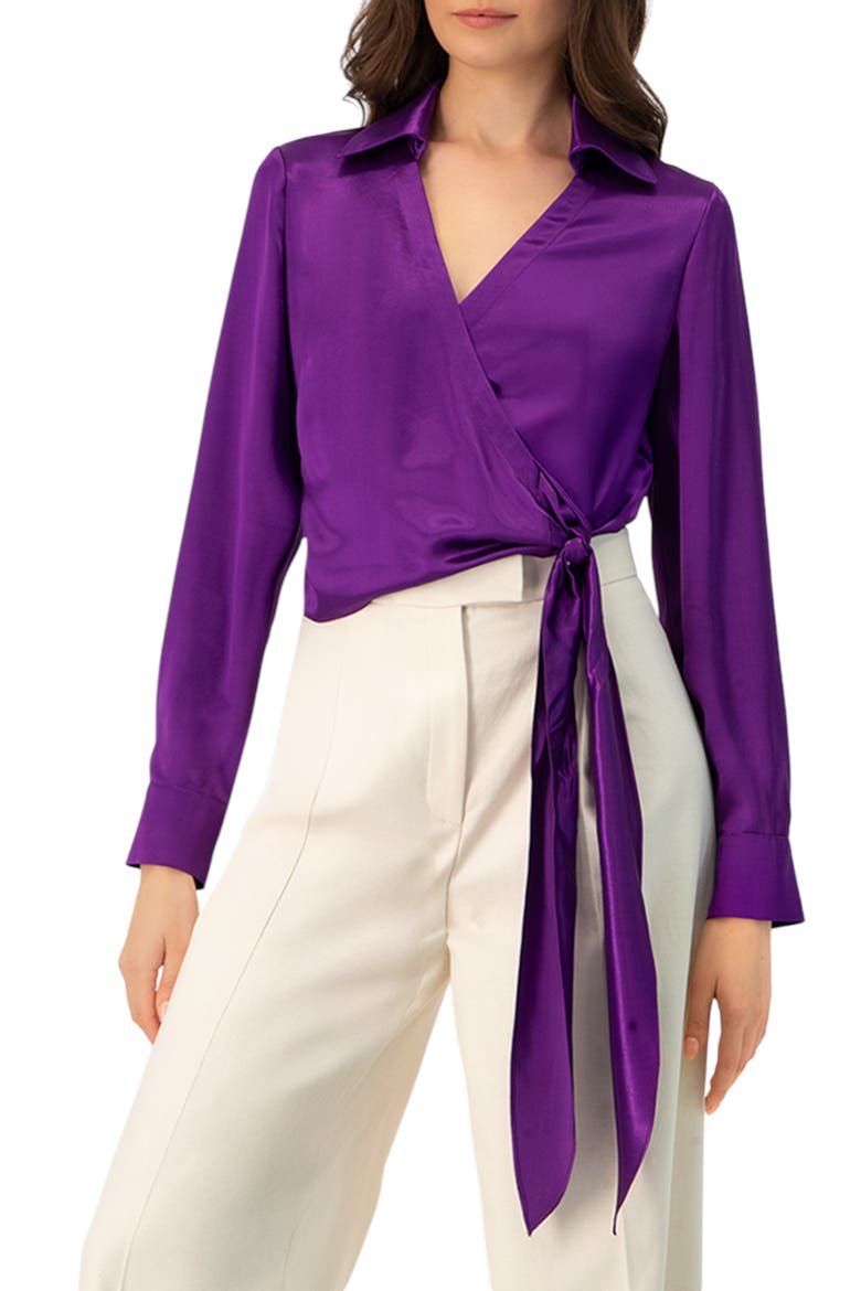 Wrap Satin Blouse with Tie Detail, Main, color, Purple