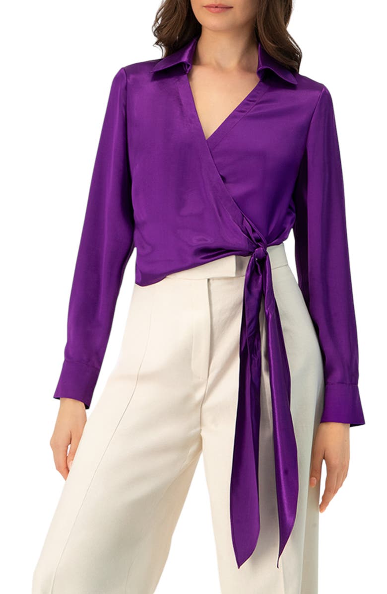 IVONNE Wrap Satin Blouse with Tie Detail, Main, color, Purple