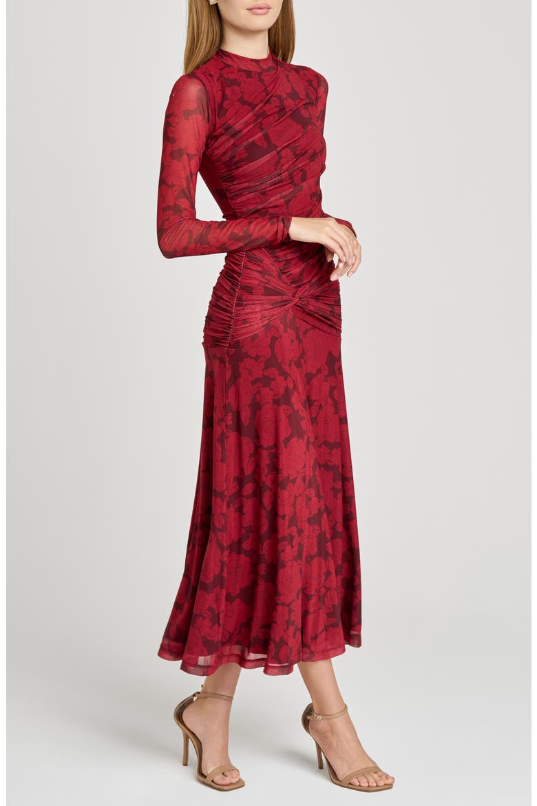 Selene Floral Ruched Long Sleeve Mesh Dress, Alternate, color, SCARLET ROSES