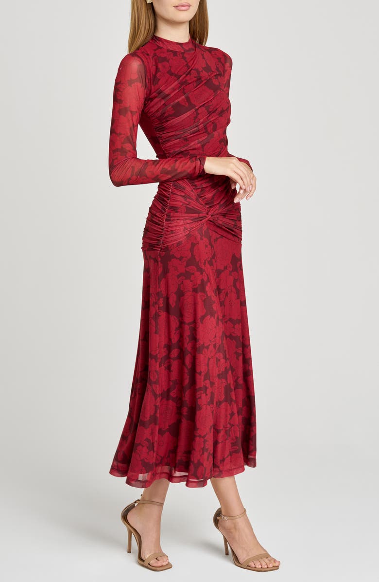 WAYF Selene Floral Ruched Long Sleeve Mesh Dress, Alternate, color, Scarlet Roses