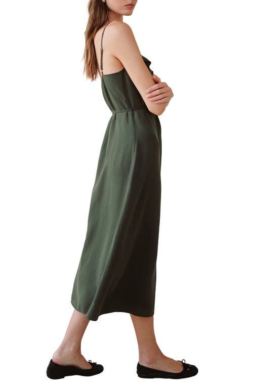 Bella Dahl Ruflfe Faux Wrap Removable Tie Belt Midi Dress In Green