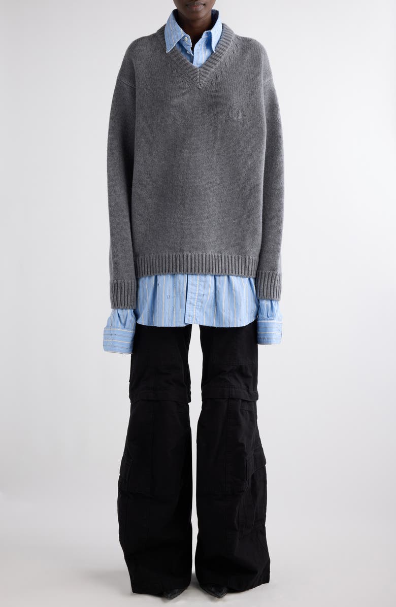 Balenciaga Oversize Layered Distressed Wool V-Neck Sweater, Alternate, color, 