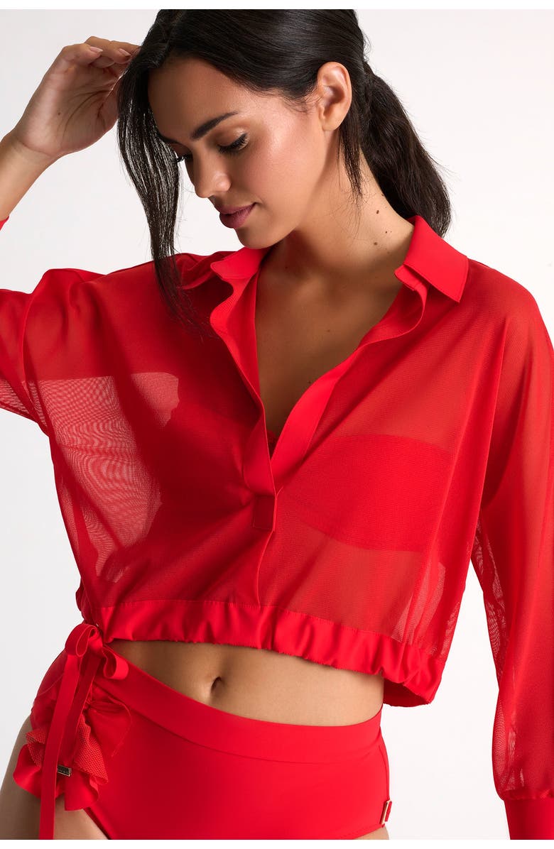 SHAN Bandeau Bikini Top With Petals Details, Alternate, color, Red