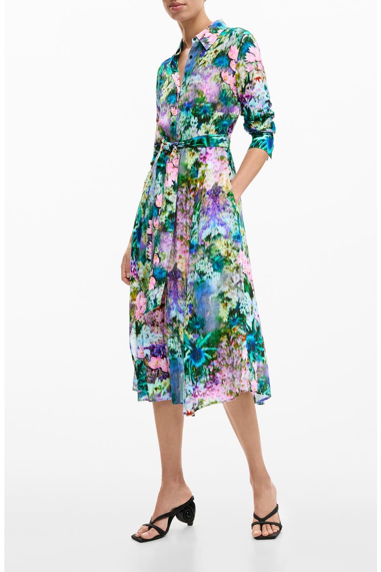 Abstract Floral Print Long Sleeve Shirtdress, Main, color, YELLOW