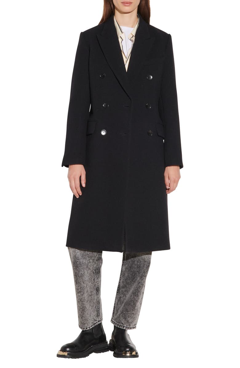 SANDRO Double Breasted Virgin Wool Blend Coat, Main, color,