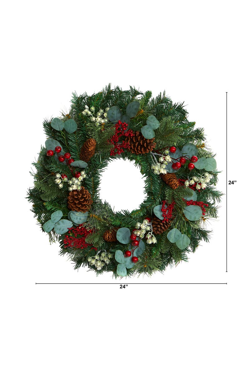 24-in Eucalyptus and Pine Artificial Wreath with Berries and Pine Cones, Alternate, color, Green